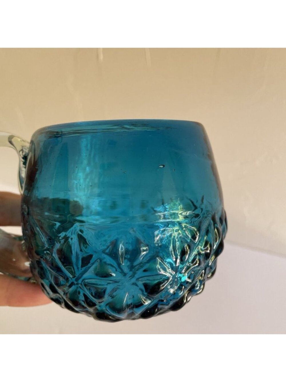 Blue Glass Hand Blown Coffee Mug Cup With Clear Glass Applied Handle 8oz - Picture 5 of 10